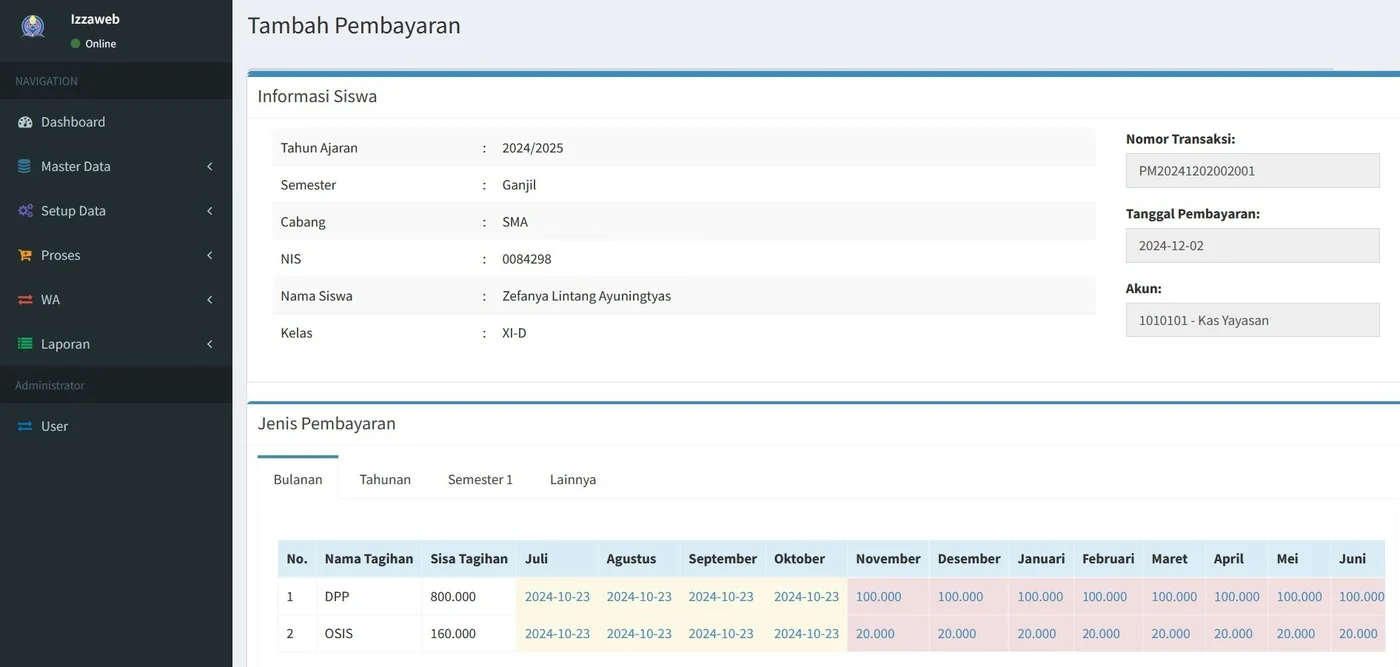 Tampilan aplikasi pembayaran SPP SPPKU: form Tambah Pembayaran berisi data siswa dan daftar tagihan SPP per bulan