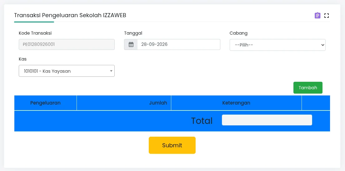 Form transaksi pengeluaran di aplikasi keuangan pondok pesantren SPPKU: kode transaksi, tanggal, pilihan cabang, akun kas yayasan, dan baris pengeluaran