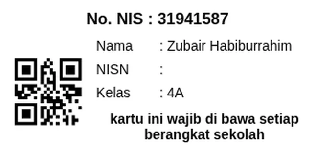 Contoh kartu siswa dari aplikasi administrasi sekolah SPPKU, berisi NIS, nama, kelas, dan kode QR