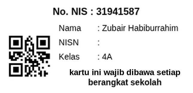 Contoh kartu siswa dari aplikasi administrasi sekolah SPPKU, berisi NIS, nama, kelas, dan kode QR